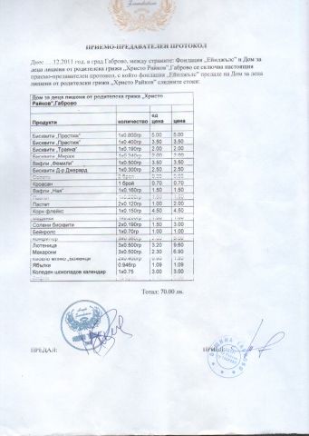 &nbsp; &nbsp; &nbsp; &nbsp; &nbsp; &nbsp; &nbsp;Приемно-предавателен протокол по програма "Купи и дари"-ДДЛРГ "Христо Райков", гр. Габрово