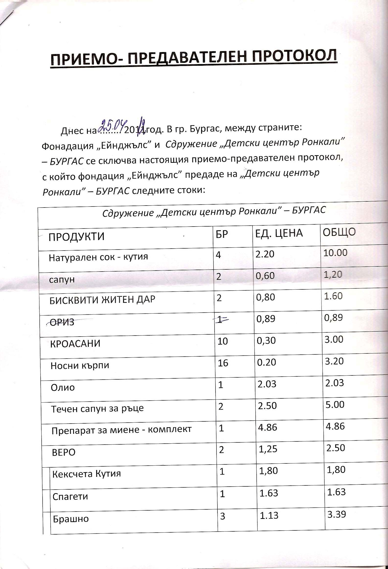 &nbsp; &nbsp; &nbsp; &nbsp; &nbsp; &nbsp; &nbsp;&nbsp;Приемно-предавателен протокол по програма "Купи и дари"-"Детски център Ронкали",гр. Бургас