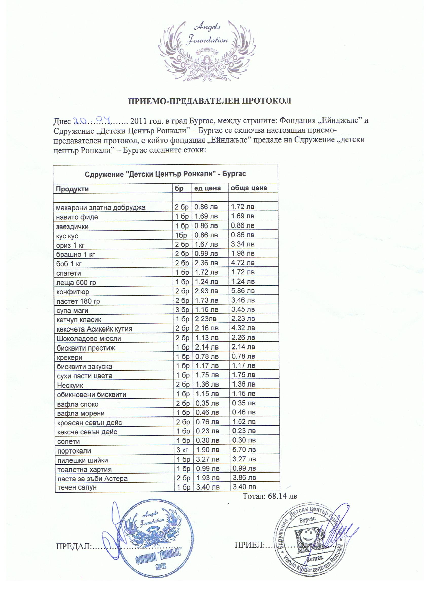 &nbsp;&nbsp; &nbsp; &nbsp; &nbsp; &nbsp; &nbsp; Приемно-предавателен протокол по програма "Купи и дари"-"Детски център Ронкали",гр. Бургас